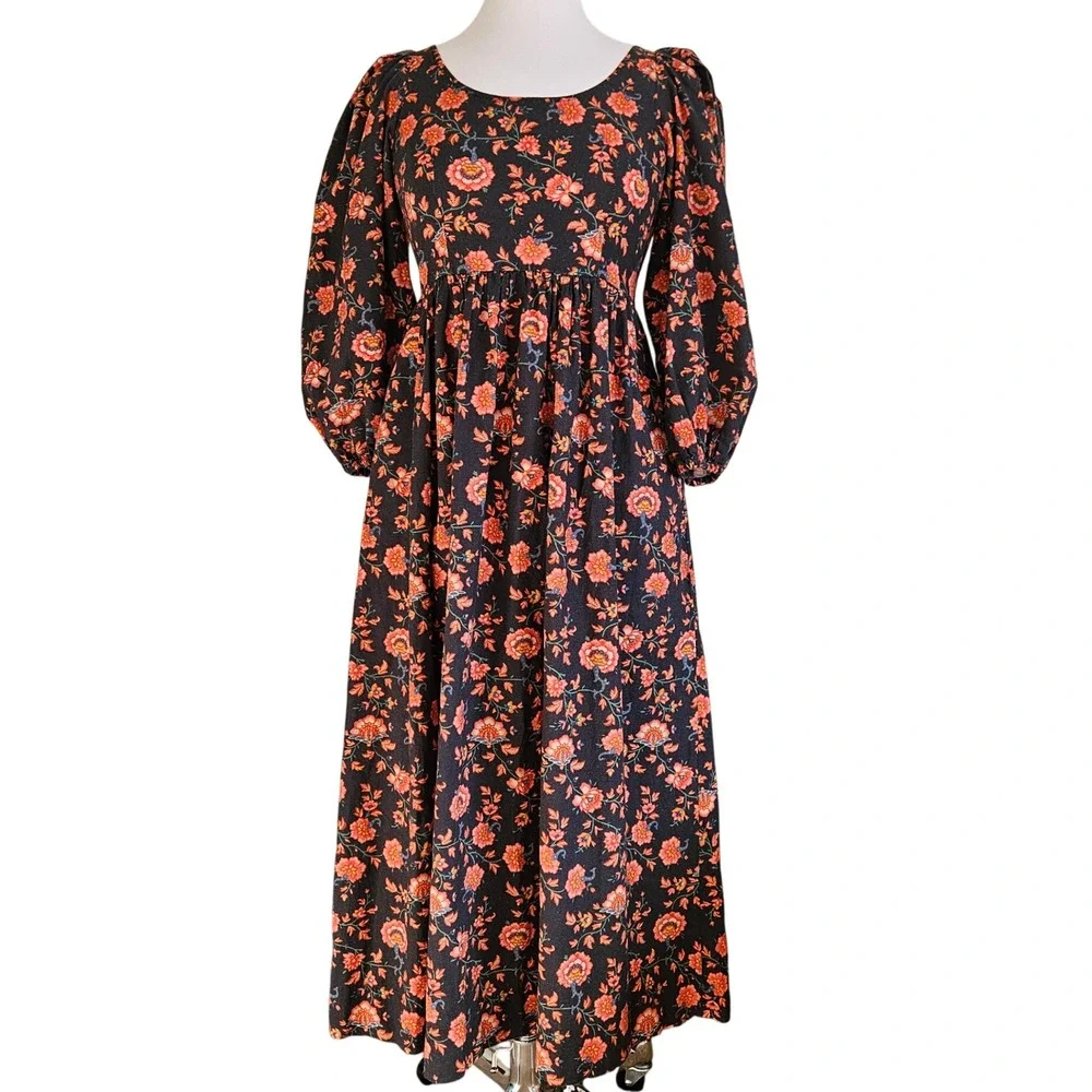 The GREAT. Floral Midi Dress Puff Sleeve Empire Waist Black Orange Size 0‎